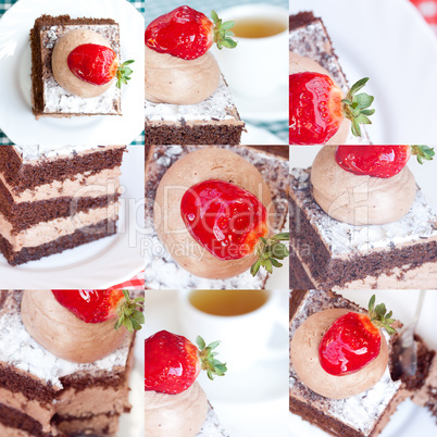 collage of beautiful cake with strawberry and tea