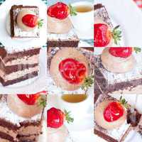 collage of beautiful cake with strawberry and tea