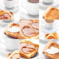 collage of tea and toast with caramel,toast with butter