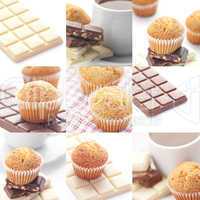 collage of bar of chocolate,tea and muffin