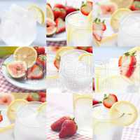 collage of cocktail with ice,lemon, fig and strawberries on a pl
