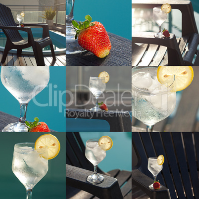 collage of swimming pool, lounge, a wine glass with ice, lemon a