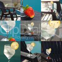 collage of swimming pool, lounge, a wine glass with ice, lemon a