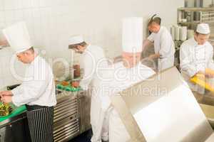Professional kitchen busy team cooks and chef