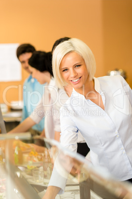 Business woman take cafeteria lunch smiling