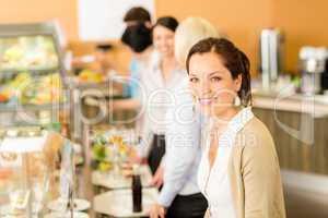 Business woman take cafeteria lunch smiling