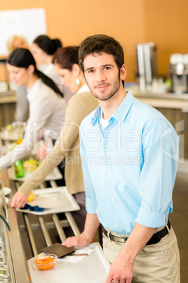 Business man take cafeteria lunch food