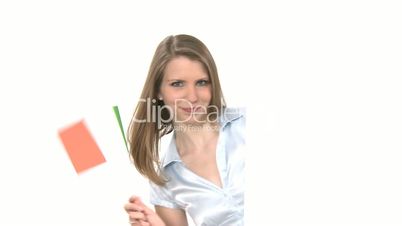 Woman shows Flag with Copyspace