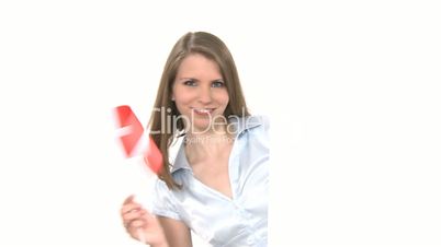 Woman shows Flag with Copyspace