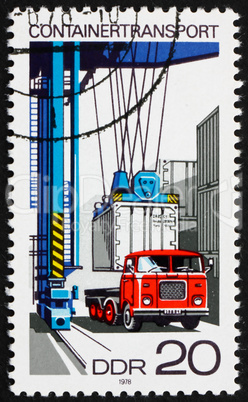 Postage stamp GDR 1978 Loading Container on Flatbed Truck