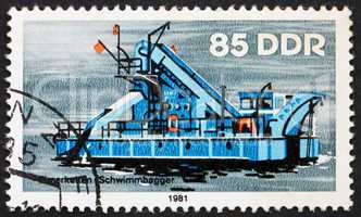 Postage stamp GDR 1981 Bucket Dredger, River Boat