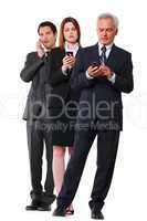 two businessmen and one businesswoman with mobile