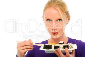 portrait of a young caucasian woman eating sushi