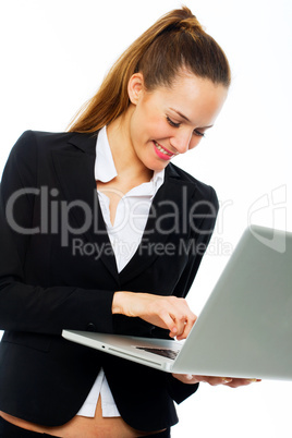 young businesswoman with laptop on white background studio