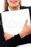 young businesswoman with laptop in arms on white background stud