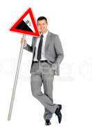 businessman with road sign climb
