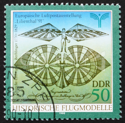 Postage stamp GDR 1990 Flying Machine by Albrecht Berblinger