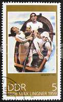 Postage stamp GDR 1988 In the Boat, Painting by Max Lingner
