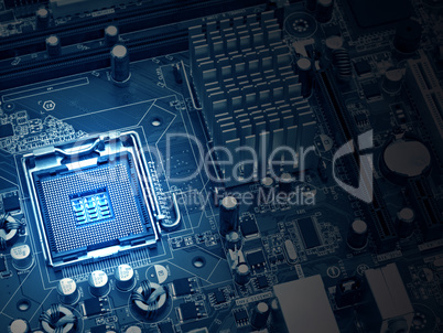 PC motherboard closeup, blue tone