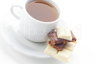 bar of chocolate and tea isolated on white