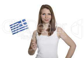Attractive woman shows Greece flag and smiles in front of white background