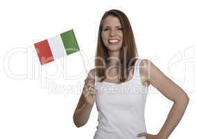 Attractive woman shows flag of Italy and smiles in front of white background