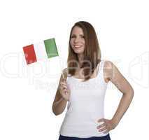 Attractive woman shows flag of Italy and smiles in front of white background