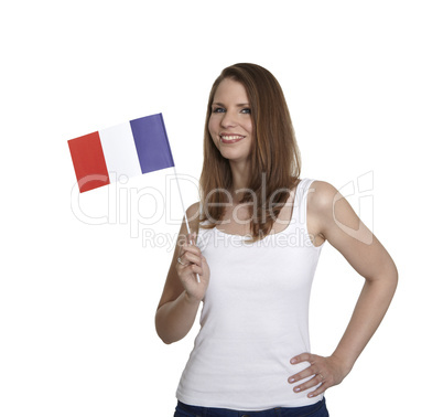 Attractive woman shows flag of France and smiles in front of white background