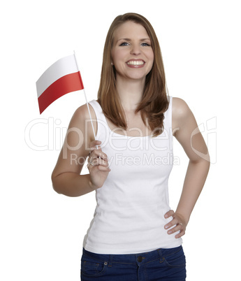 Attractive woman shows flag of Poland and smiles in front of white background