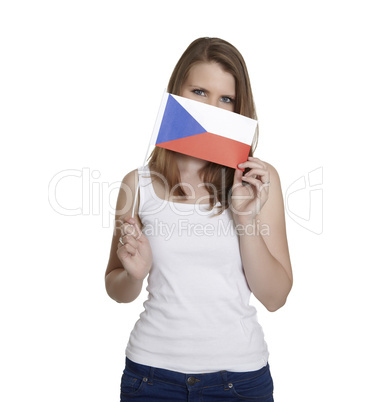 Attractive woman hides her face behind czech flag