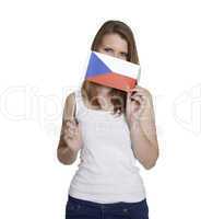 Attractive woman hides her face behind czech flag