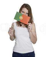 Attractive woman hides her face behind flag of Portugal