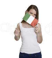 Attractive woman hides her face behind flag of Italy