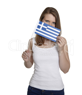 Attractive woman hides her face behind Greece flag in front of white background