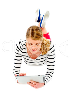 Woman using tablet computer