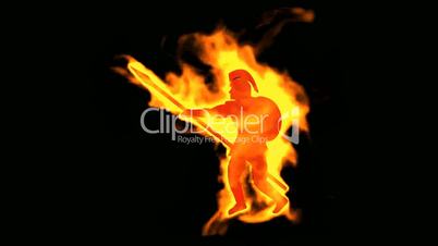 burning ancient soldier brandishing spear.