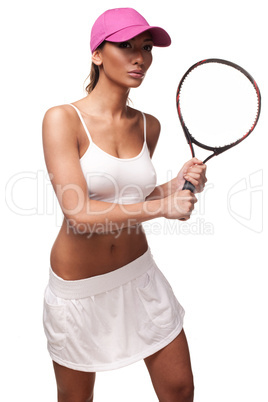 tan woman in white sportswear and tennis racquet