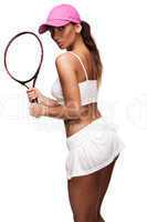 tan woman in white sportswear and tennis racquet