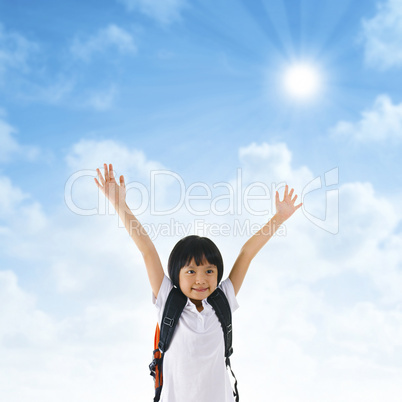 Asian school girl arms up in the air