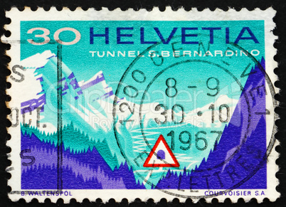 Postage stamp Switzerland 1967 San Bernardino Road Tunnel