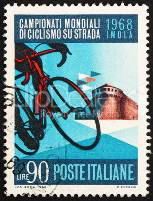 Postage stamp Italy 1968 shows Bicycle and Sforza Castle, Imola