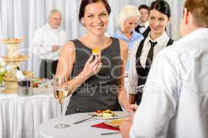 Business woman eat dessert from catering service
