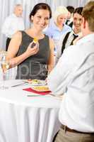 Business woman eat dessert from catering service