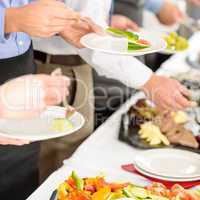 Business catering people take buffet food