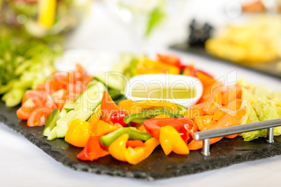 Selection of fresh vegetables with dips
