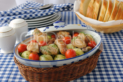 Baked potatoes with chicken and tomato