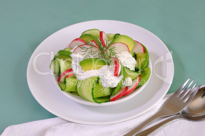 Cucumber salad with radish and avocado cream sauce