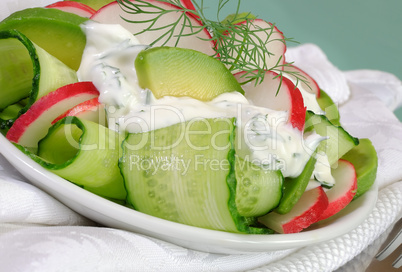 Cucumber salad with radish and avocado cream sauce