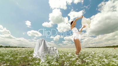 Young Woman On White Field In Summer