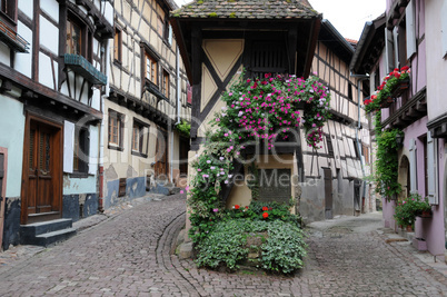 France, Alsace, picturesque old house in Eguisheim